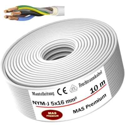Abbildung von MAS Premium Feuchtraumkabel Stromkabel 5 170m Mantelleitung NYM J 5x1,5, 2,5, 4, 6, 10 oder 16 Elektrokabel Ring für feste Verlegung (NYM 5x16 mm², 10m)