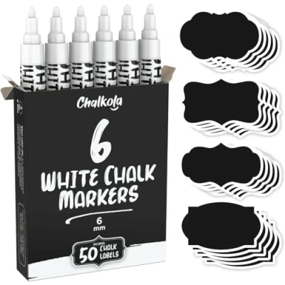 Abbildung von Chalkola Weiße Stifte Set mit 6 abwischbaren Kreidestiften umkehrbarer Spitze mm und 50 Kreideetiketten für Fenster, Glas, Leinwand, Kunststoff