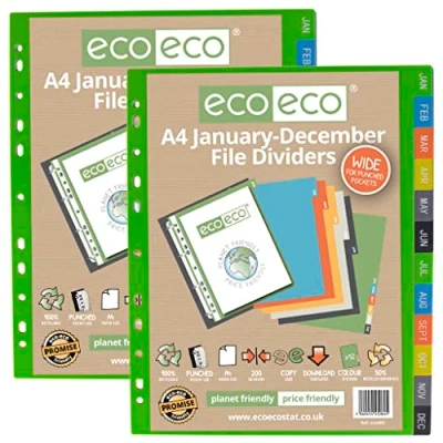 Abbildung von eco A4 50% recycelte Mehrfachlochung, verstärkte Farbe, Januar Dezember, Register für Unterlagen, extra breit, 200 mic, 2 Stück, eco082x2