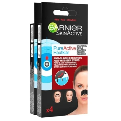 Abbildung von Garnier SkinActive Pure Active Strip Zone T Anti Mitesser Pflaster mit Kohlenstoff für Nase Stirn und Kinn reinigend Salicylsäure 2 Packungen 4 Pflastern