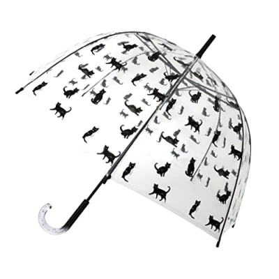 Abbildung von SMARTBULLE Regenschirm Lang Transparent Glockenform; Stabil; Automatisch öffnend; Durchmesser=85cm; Transparenter Griff; Frau; Kleine Katzen.