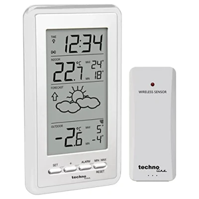 Abbildung von Technoline WS9130weiß Wetterstation mit Vorhersage der Wetterlage, sowie Innen und Außentemperatur, weiß
