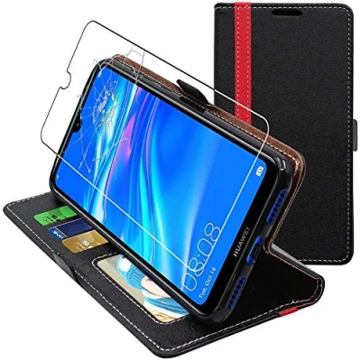 Abbildung von ebestStar Hülle für Huawei Y7 2019 Prime/Pro, Handyhülle, Kunstleder Wallet Case, [PU Leder], Kartenfächer, Schwarz/Rot + Panzer Schutz Glas