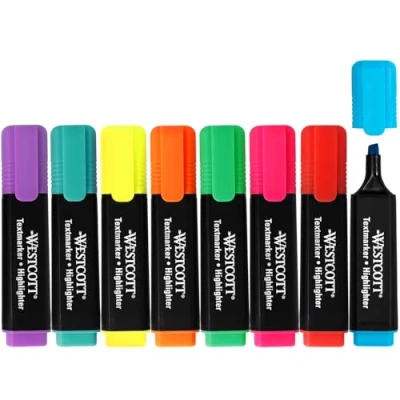 Abbildung von Westcott Textmarker 8 Stück Mix 8er Set Highlighter Marker in leuchtenden Farben 2 5 mm Strichstärke Premium Tinte aus Deutschland E 744252 00
