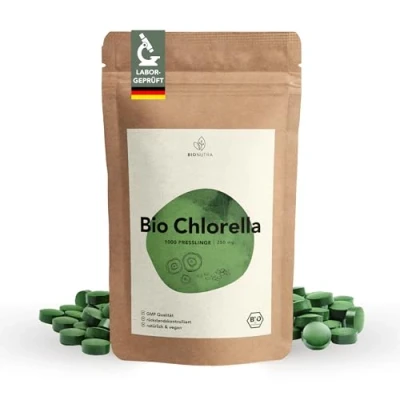 Abbildung von BIONUTRA Bio Chlorella Tabletten 1000 x 250 mg, rückstandskontrolliert, nach EU ÖKO Standard hergestellt, vegan, laktose &amp; glutenfrei, ohne Zusätze, Presslinge