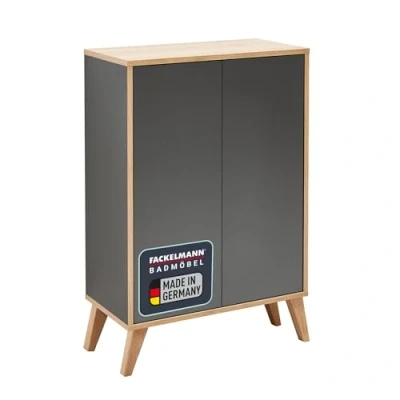 Abbildung von FACKELMANN Finn Midischrank (60 x 75 30,5 cm) inklusive Holzfüße Badezimmerkommode mit 2 Einlegeböden aus Glas Badschrank stehend Türen Holz in Schwarz und Eichenoptik
