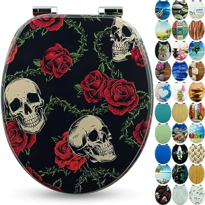 Abbildung von Sanfino WC Sitz „Rose Skull“ hochwertiger Toilettendeckel mit Absenkautomatik, aus Holz, viele bunte Motive, hoher Sitzkomfort, einfache Montage