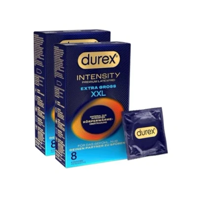 Abbildung von Durex Intensity Extra Groß XXL Kondome Ultra dünn plus für intensive Körperwärmeübertragung Mit viel Silikongleitgel befeuchtet Ohne Latex 16er Pack (2 x 8 Stück)