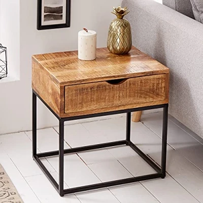 Abbildung von riess ambiente Nachttisch IRON CRAFT 45cm natur / schwarz, Massivholz · Beistelltisch mit Schublade Industrial Mangoholz