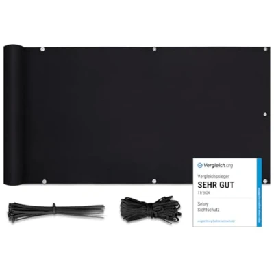Abbildung von Sekey Balkon Sichtschutz Balkonabdeckung Balkonverkleidung blickdichte Wind und UV Schutz, 100% Privatsphäre, mit Ösen, Nylon Kabelbinder Kordel, 75 x600cm Schwarz
