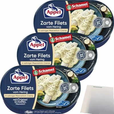 Abbildung von Appel Zarte Filets vom Hering in sahniger Original Schamel Meerrettich Creme 3er Pack (3x200g Dose) + usy Block