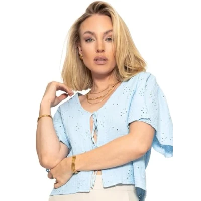 Abbildung von SASSYCLASSY Langarmbluse Leichte Musselin Bluse Damen kurz mit Schleifen Luftige Musselinbluse Lochstickerei und V Ausschnitt zum Binden