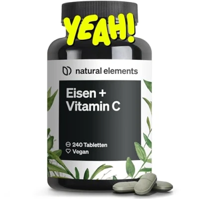 Abbildung von Eisen mit 40mg natürlichem Vitamin C 240 vegane Eisentabletten aus Acerola gut verträglicher Chelat Komplex (Eisenbisglycinat) hochdosiert, ohne unnötige Zusätze St