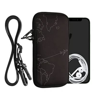 Abbildung von kwmobile Handytasche für Smartphones XXL 7&quot; Neopren Handy Hülle Weiß Schwarz Tasche mit Kette 17,7 x 8,5 cm Innenmaße Travel Flugzeug