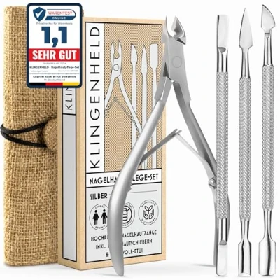 Abbildung von KLINGENHELD® Präzise Nagelhautzange inkl. Nagelhautschieber Sehr leichtgängig &amp; extra scharf Reise Etui aus Baumwolle 100% plastikfrei nachhaltig Nagelhautschere, Nagelhautschneider