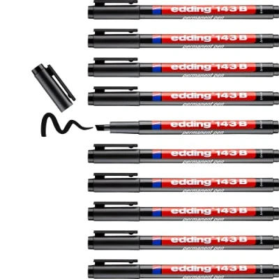 Abbildung von edding 143 B Permanenter Folienschreiber schwarz 10 Stifte Keilspitze 1 3 mm Stift zum Schreiben auf Glas, Kunststoff, Folien und glatten Oberflächen schnelltrocknend, wisch wasserfest