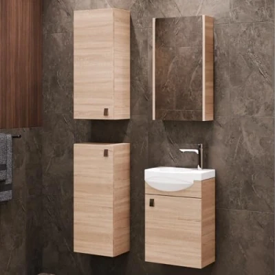 Abbildung von Planetmöbel Badset komplett aus Unterschrank 40cm mit Waschbecken, Spiegelschrank und 2X Midischrank in Sonoma Eiche, Komplettset für Badezimmer 5 teilig