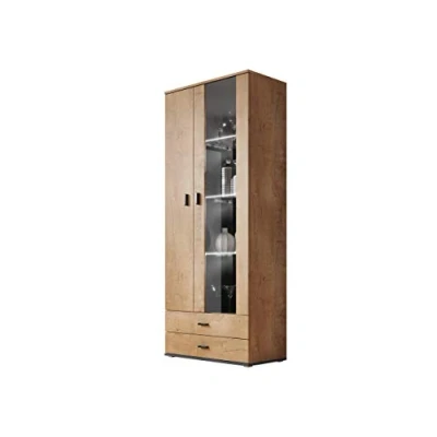 Abbildung von Standvitrine 2D2S Soho S6, Vitrine, Glasvitrine, Farbauswahl, Vitrinenschrank, Hochschrank, Stauraumvitrine, Wohnzimmer Highboard Schrank (Eiche Lefkas / Eiche + Schwarz, ohne Beleuchtung)