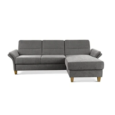 Abbildung von CAVADORE Ecksofa Wyk mit Federkern / Eckcouch im Landhaus Stil Longchair und Holzfüßen 252 x 90 162 Chenille, Grau