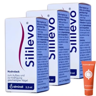 Abbildung von Sililevo Nagellack 3x 3,3 ml I Aufbau und Kräftigung geschädigter Nägel Medizinischer Nagelstärker Nagelspliss, Nagelbruch Nagelpsoriasis Spar Set plus Pharma Perle give away