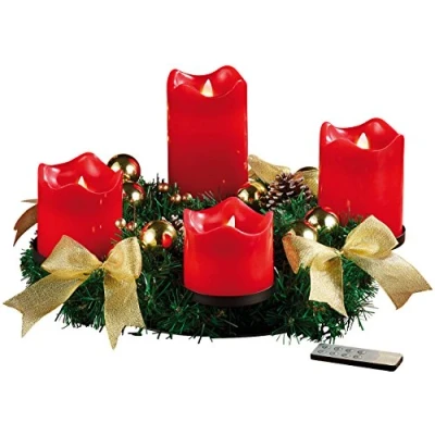 Abbildung von Britesta Künstlicher Adventskranz: Adventskranz, golden, 4 rote LED Kerzen mit bewegter Flamme (Künstlicher Adventskranz LED, Künstliche Kerzen, Kabellose Weihnachtskerzen)
