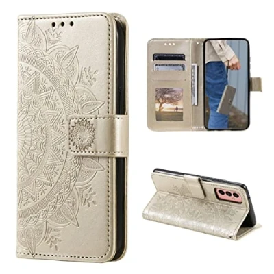 Abbildung von CoverKingz Handy Case kompatibel mit Samsung Galaxy A14 4G/5G Cover Kartenfach Phonecase Smartphone Hülle klappbar Motiv Mandala Gold