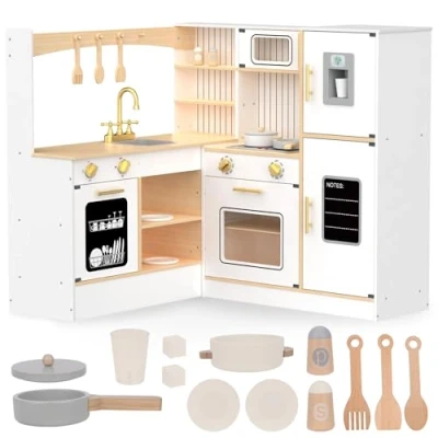 Abbildung von Mamabrum Spielküche Eck Holzküche für Kinder mit Mikrowelle, Backofen und Zubehör