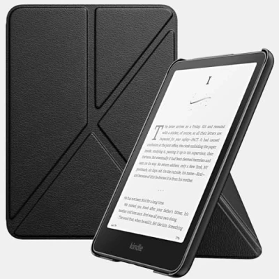 Abbildung von MoKo Hülle für All New Amazon 7&quot; Kindle Paperwhite 12th Generation 2024, Origami Ständer mit Magnetic PC Rückseite Cover, Denim Schwarz