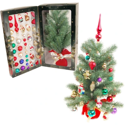 Abbildung von Krebs Glas Lauscha Künstlicher Weihnachtsbaum &quot;Mini 45 cm mit Kugeln, Figuren und Spitze&quot;, Edeltanne, Weihnachtsbaumschmuck inkl. Kugelaufhänger
