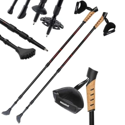 Abbildung von SPORTANA® Nordic Walking Stock Teleskopstock 5 Aufsätze Anti Shock Federung Wandern Wanderstöcke Trekkingstöcke Rot