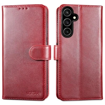 Abbildung von LENSUN Echtleder Handyhülle für Samsung Galaxy A16 5G, Lederhülle Hülle [Kartenfach][Brieftasche][Echtes Leder] Handytasche Weinrot