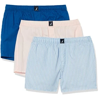 Abbildung von Nautica Herren Baumwolle, gewebt, 3 Stück Boxershorts, Oasis Lapislazuli/Pin Stripe Silver Lake Pink/Ocean, M