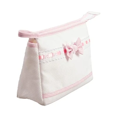 Abbildung von Filet Reisetasche mit Reißverschluss, Aida Canvas Stickerei Tasche, Beauty Product Organiser, 100% Made in Italy, Maße 24 x 16 6 cm, Farbe Weiß und Rosa