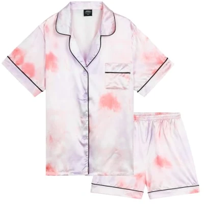 Abbildung von CityComfort Schlafanzug Mädchen Kurz Satin Pyjama Kinder Teenager Weiche Atmungsaktive Sommer Kurzarm Schlafanzüge Loungewear Set (11 12 Jahre, Mehrfarbig Batik)