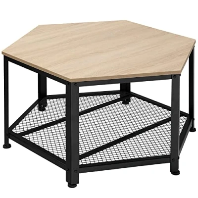 Abbildung von tectake Couchtisch aus Holz und Metall im Industrie Design, Wohnzimmertisch mit Stauraum, sechseckig, 86,5 x 75 46,5 cm, schwarzes Metallgestell (Industrial hell, Eiche Sonoma)
