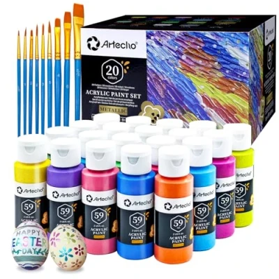 Abbildung von Artecho Acrylfarben Set 20 x 59ml Metallisch mit 10 teiligem Pinsel, Wasserfest und Lichtecht, Ungiftig, Acrylic Paint Set, Ideal für Leinwand, Papier Stoffe