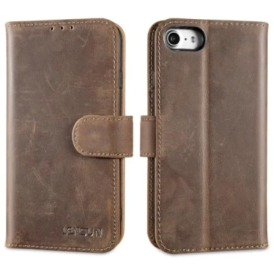Abbildung von LENSUN Lederhülle für iPhone SE2020/SE 2022 5G, 7/iPhone 8 Handyhülle [Echtes Leder][Magnetverschluss][Kartenfach] Handytasche Echtleder Hülle Vintage Dunkelbraun