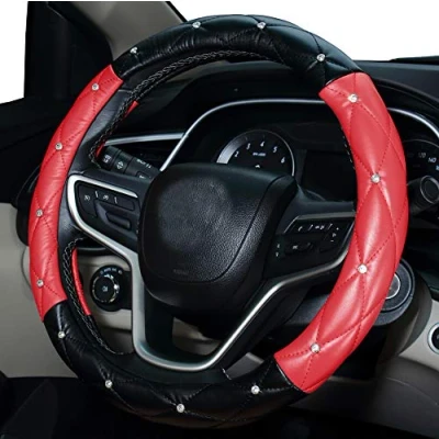 Abbildung von Mayco Bell Diamond Lenkradabdeckung für Frauen, Leder Bling Cute Car Universal 15 Zoll mit Crystal (schwarz rot)