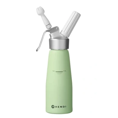 Abbildung von HENDI Sahnespender, Inklusive Set aus 3 Polypropylen Spritztüllen und Reinigungsbürste, Sahne Mousses Desserts kalten Schäumen, Sahnesyphon, 0,5L, ø80x(H)260mm, Aluminium, Pastellgelb
