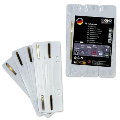 Abbildung von SIGNZ Heftstreifen Kunststoff (PP), 75 Stück, 25 x 3 Farben, recycelbarer CO2 neutral hergestellt, made in Germany (75 weiß, weiß)