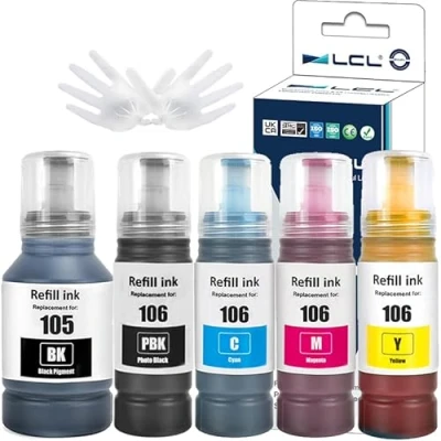 Abbildung von LCL 105 106 Tinte hoher Kapazität Kompatibel für Epson EcoTank Tintenflasche Multipack L7160 L7180 ET 7700 7750 Printers (5 Pack, KPBKCMY)