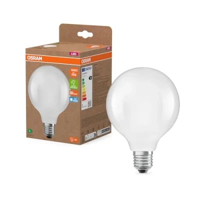 Abbildung von OSRAM LED Lampe in klassischer Globeform, mit dekorativem Filament im Frosted Design, Energieeffizienzklasse A, E27, 5 W, 1055 lm, 6500 K, tageslichtweiß. Ohne Aufwärmen, sofort 100% Licht.