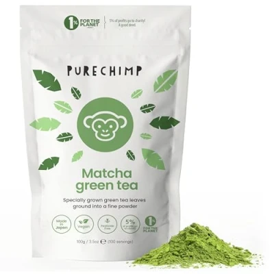 Abbildung von PureChimp Ceremonial Matcha 100 g. % reines Tee Pulver aus Schattenanbau für Latte, Aufgüsse &amp; Rezepte. Kompostierbarer Beutel. Reich an Antioxidantien.