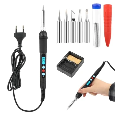 Abbildung von VFANDV Lötkolben Set, 60W Lötset mit Einstellbarer Temperatur Schalter 200℃ 500℃ ON/OFF und 10g Lötdraht 5 Lötspitzen Lötkolbenständer, Kabelgebunden für Reparatur des Schweißens