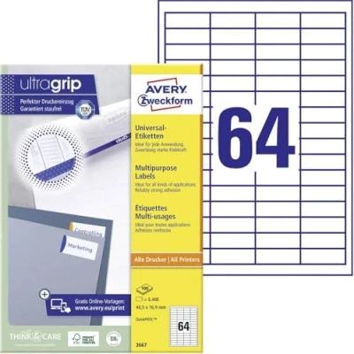 Abbildung von AVERY Zweckform 3667 Universal Etiketten (6.400 Klebeetiketten, 48,5x16,9mm auf A4, Papier matt, individuell bedruckbar, selbstklebende Aufkleber mit ultragrip) 100 Blatt, weiß
