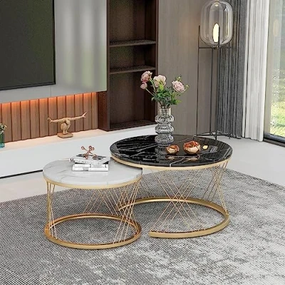 Abbildung von Merax Couchtisch Rund, Satztisch 2er Set, Moderne Beistelltisch Wohnzimmertisch Nesting Kaffeetisch mit Gold Metallgestell, Marmormuster, Sofatische für Wohnzimmer Balkon Büro, Schwarz &amp; Weiß