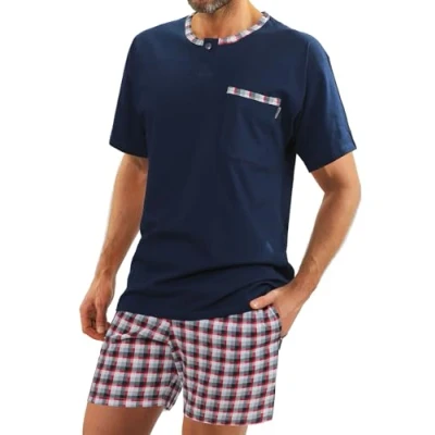 Abbildung von sesto senso Herren Schlafanzug Kurz Pyjama Baumwolle Kurzarm T Shirt Pyjamahose Zweiteilig Set Navy blau 4XL Jasiek Granat