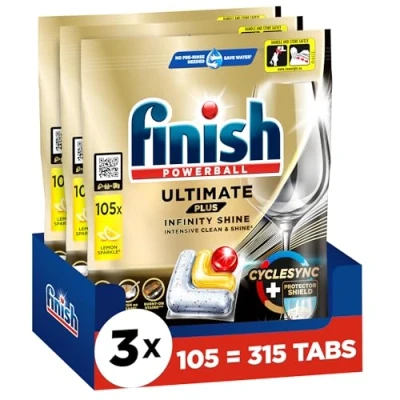 Abbildung von Finish Ultimate Plus Infinity Shine Citrus Spülmaschinentabs Geschirrspültabs für intensive Reinigung, Fettlösekraft und Glanz mit Schutzschild 315 Caps (3x105 Caps)