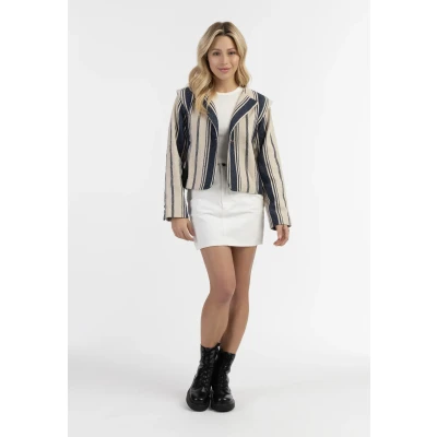Abbildung von DREIMASTER Vintage Damen Kurzblazerjacke XL / Dunkelmarine Off White Streifen 80% Baumwolle 20% Polyester