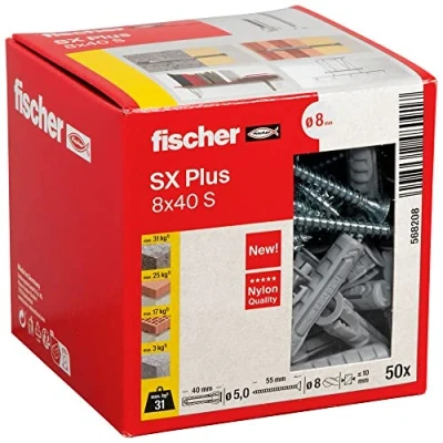 Abbildung von Fischer 568208, Schrauben &amp; Dübelsatz, Autoklaven Porenbeton, Mauerziegel, Beton, Gipsfaserplatten, Mauerwerk, Nylon, Grau, Pozidriv, PZ2